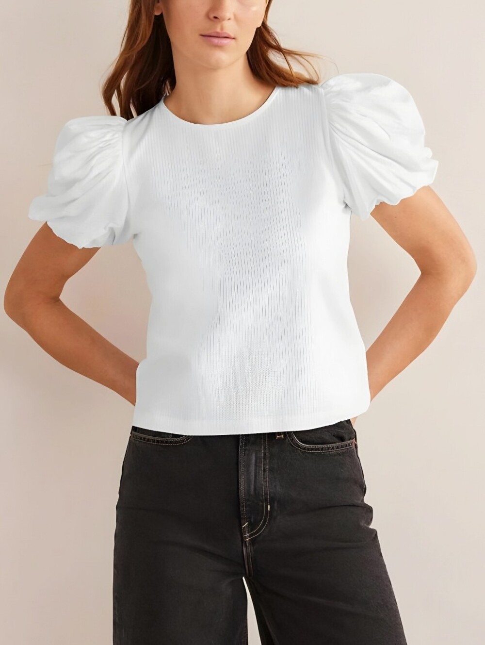 Boden White Textured Puff Sleeve Cotton Top, 12